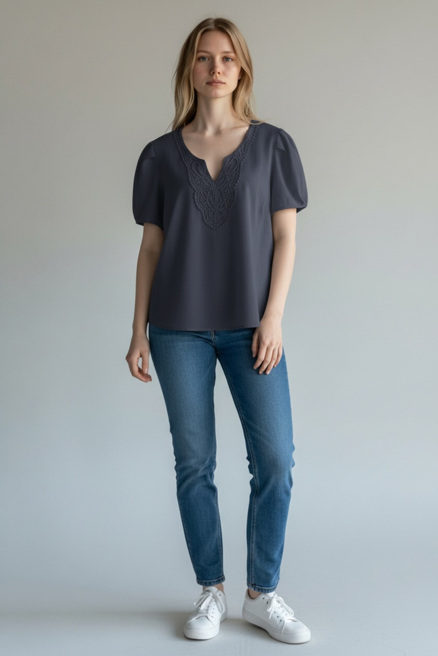 Shein Curve Navy Blue Lace Trim Blouse